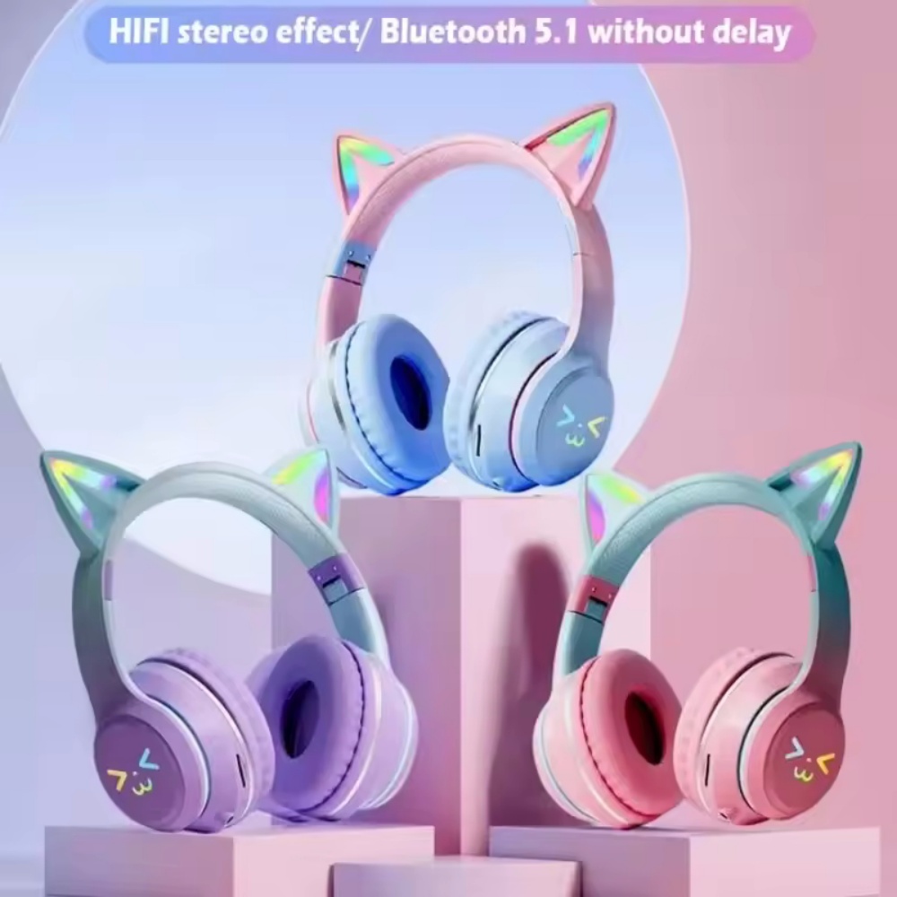 グラデーションワイヤレスヘッドホン RGB キュートな猫耳  - Type C Wired Earphones With Mic のレビューと価格