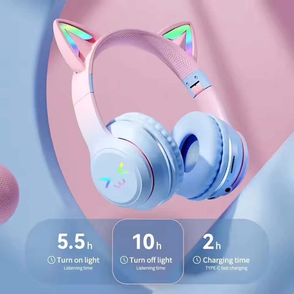 グラデーションワイヤレスヘッドホン RGB キュートな猫耳  - Type C Wired Earphones With Mic のレビューと価格