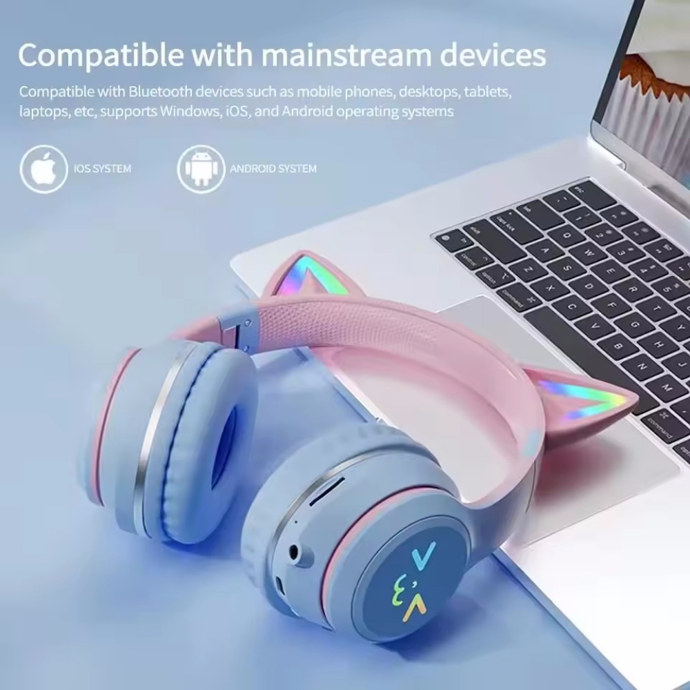 グラデーションワイヤレスヘッドホン RGB キュートな猫耳  - Type C Wired Earphones With Mic のレビューと価格