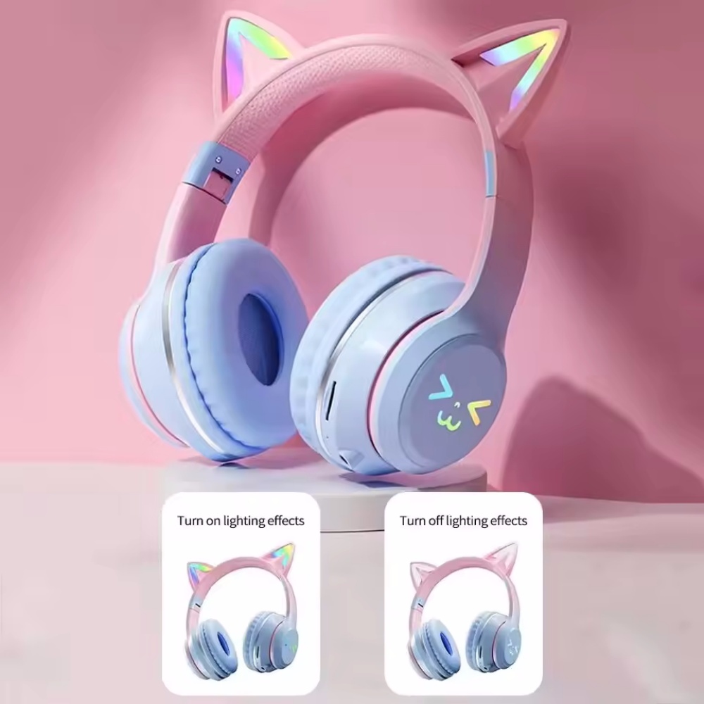 グラデーションワイヤレスヘッドホン RGB キュートな猫耳  - Type C Wired Earphones With Mic のレビューと価格